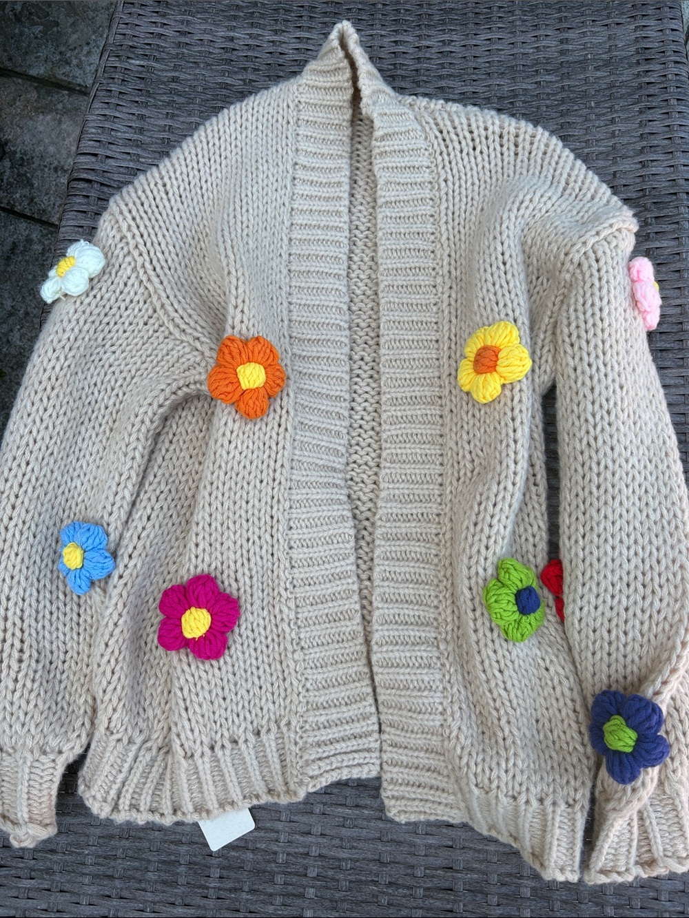 Cream Chunky Knit Cardigan with Multicolor Crochet Flowers